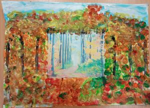 Praca plastyczna: namalowany placami las , w środku naklejony obrazek drzew w lesie.
