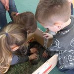 Dzieci oglądają króliczki w kartonie.