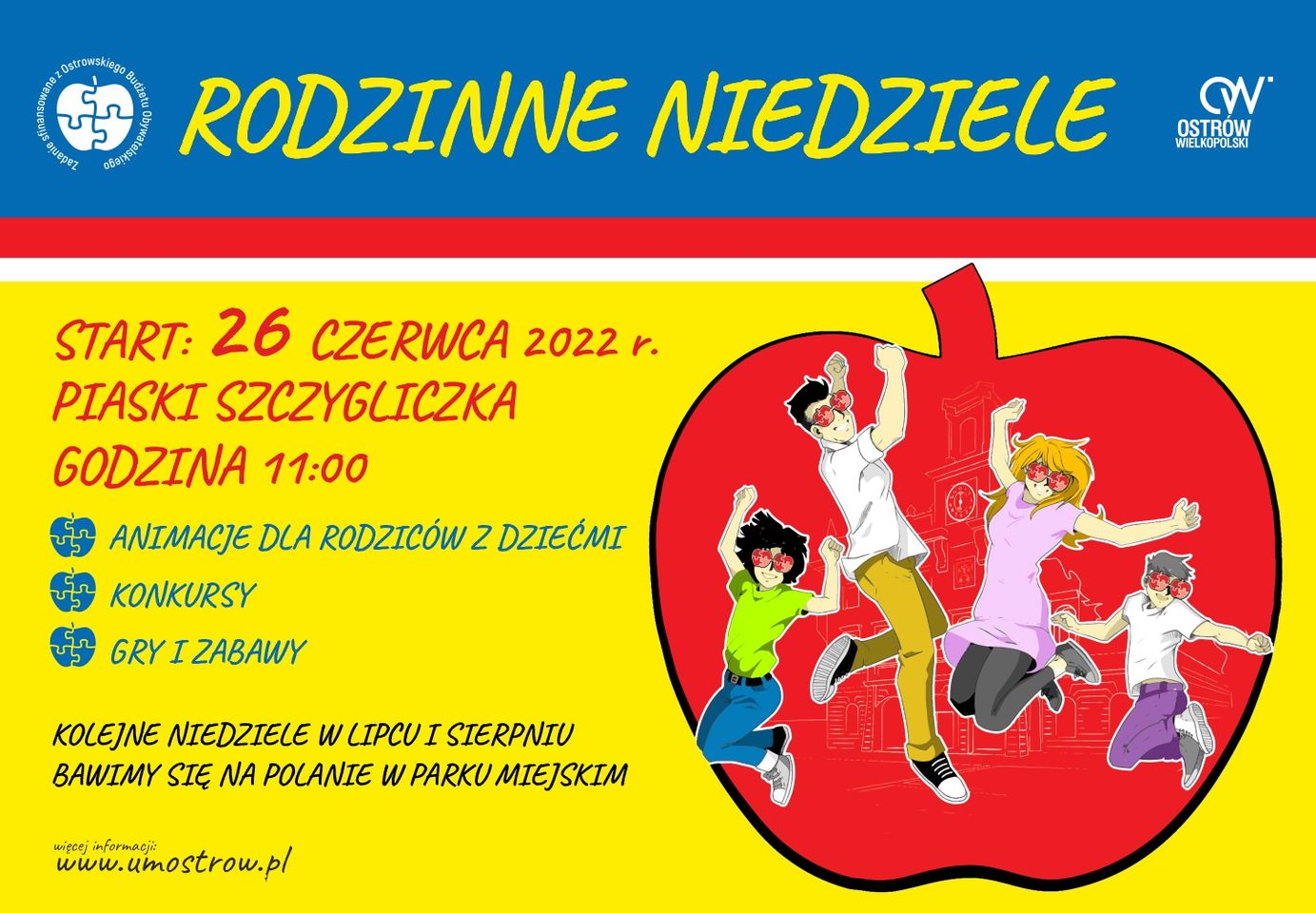 Plakat informujacy o "Rodzinnych niedzielach", które rozpoczną się 26 czerwca na Paskach-Szczygliczka