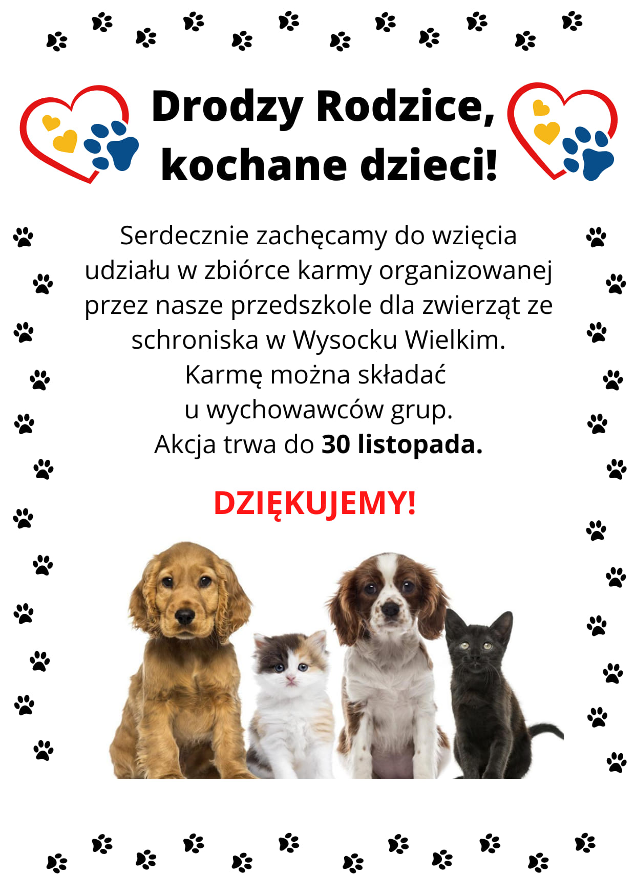 Plakat informujacy o zbiórce karmy dla bezdomnych zwierząt w Wysocku Wielkim.