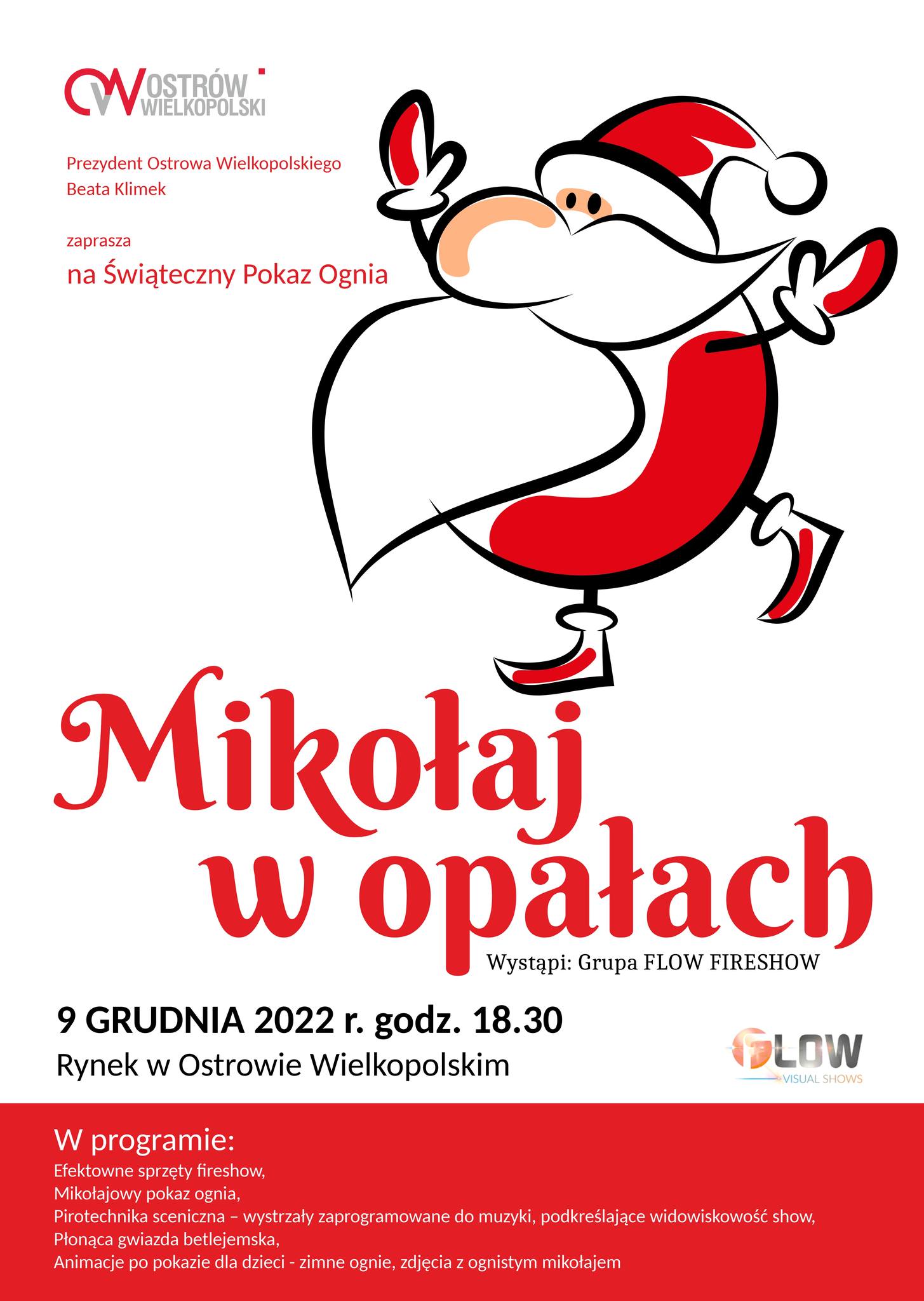 Plakat informujacy o świątecznym Pokazie Ognia na Rynku w Ostrowie Wielkopolskim w dniu 9 grudnia 2022 roku o godzinie 18.30