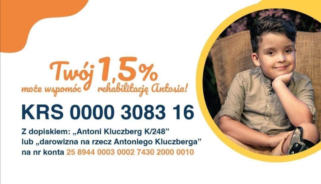 Ogłoszenie zachęcające do wpłacania przez chętne osoby 1,5% na rzecz Antoniego