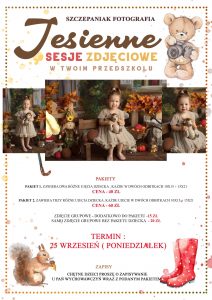 Plakat informujacy o jesiennej sesji zdjęciowej, która odbędzie sie w Przedszkolu nr 12 Tęcza w dniu 25 września 2023 roku
