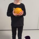 Dziewczynka ubrana na czarno trzyma w ręce dynię i pozuje do zdjęcia z symbolami Halloween.