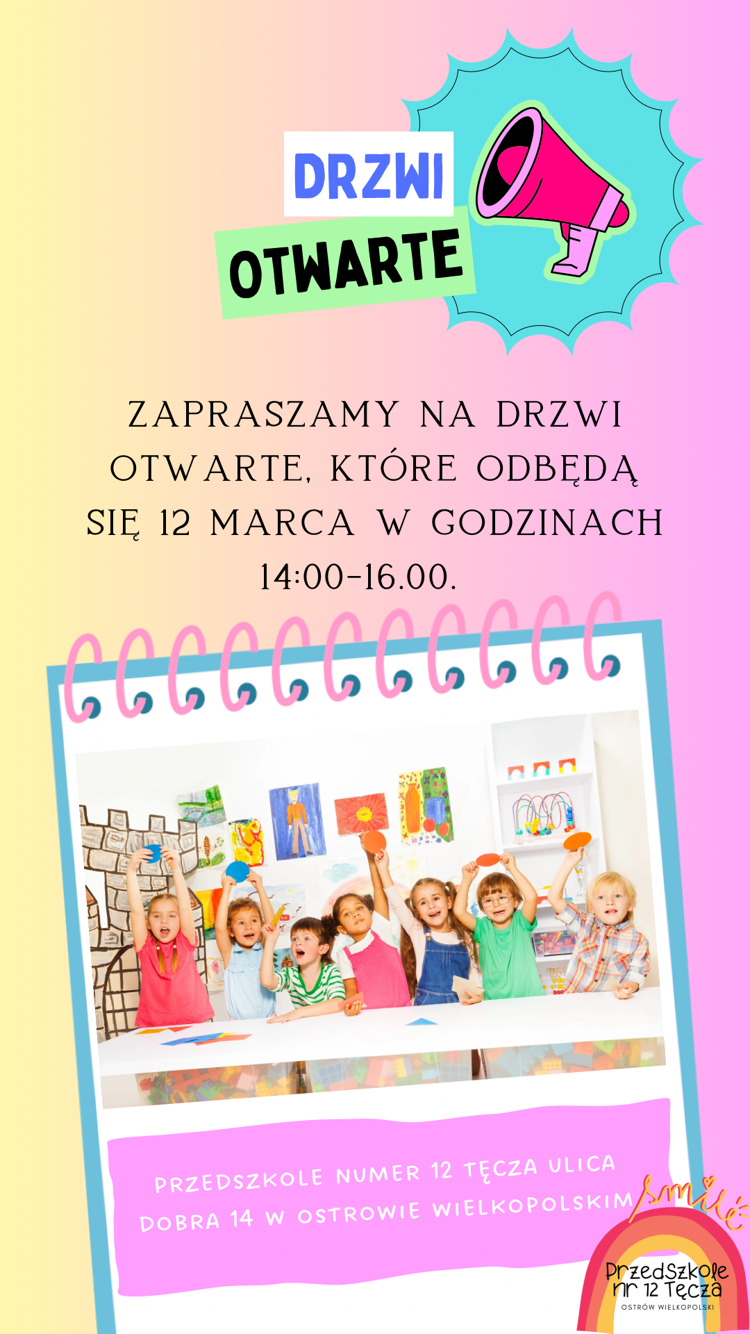 Ogłoszenie informujące o dniu otwartych drzwi, który odbędzie się w Przedszkolu nr 12 dnia 12 marca 2024 roku w godzinach 14.00-16..00