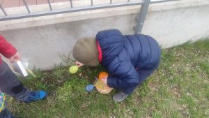 Chłopiec znalazł koszyczek w trawie.