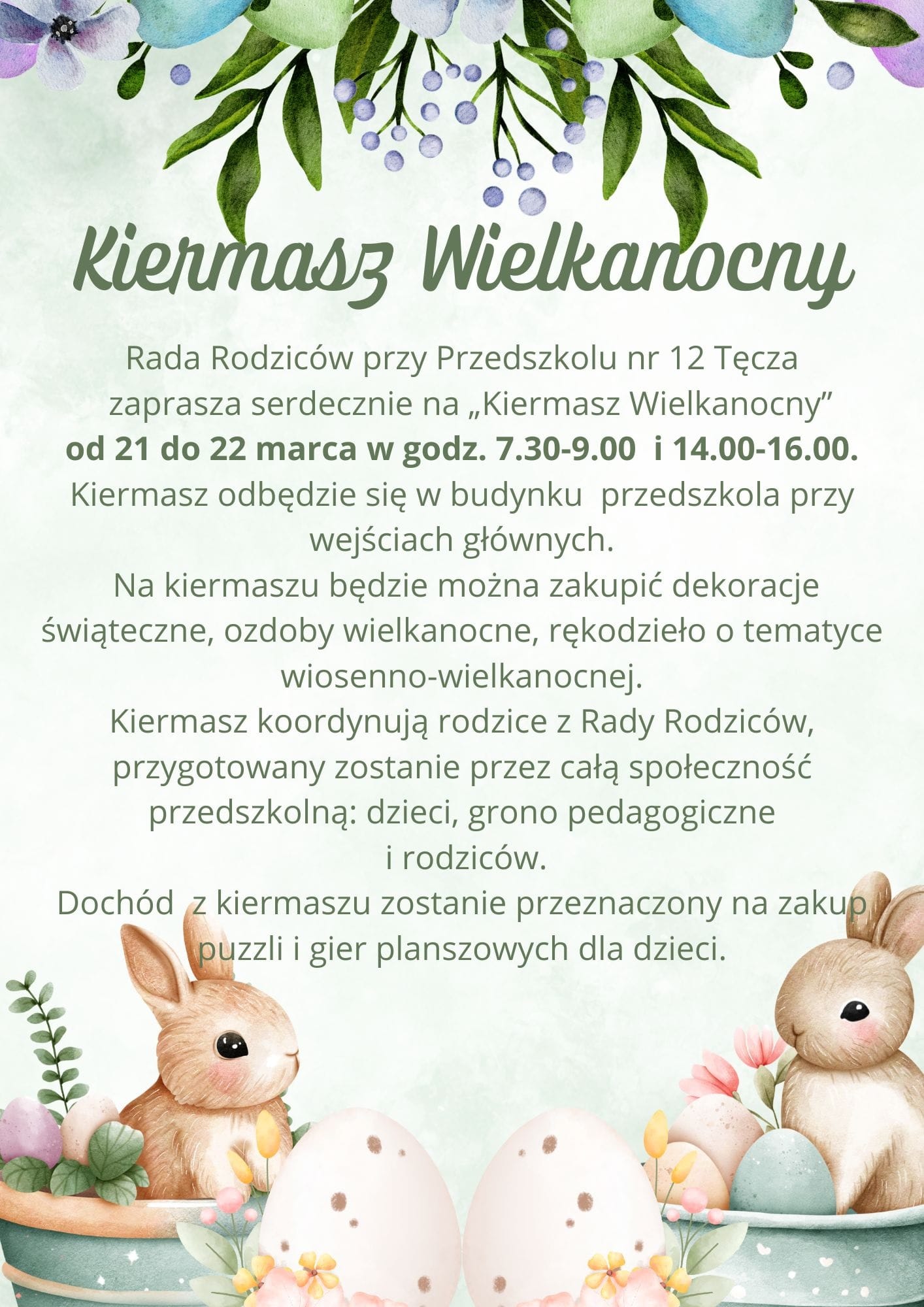 Ogłoszenie informujące o Kiermaszu Wielkanocnym, który odbędzie się w naszym przedszkolu w dniach 21-22 marca 2024 roku