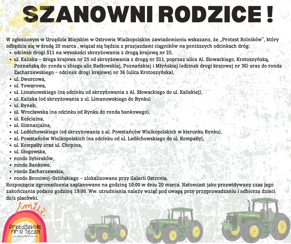 Ogłoszenie informujące o planowanym w dniu 20 marca 2024 roku strajku rolników