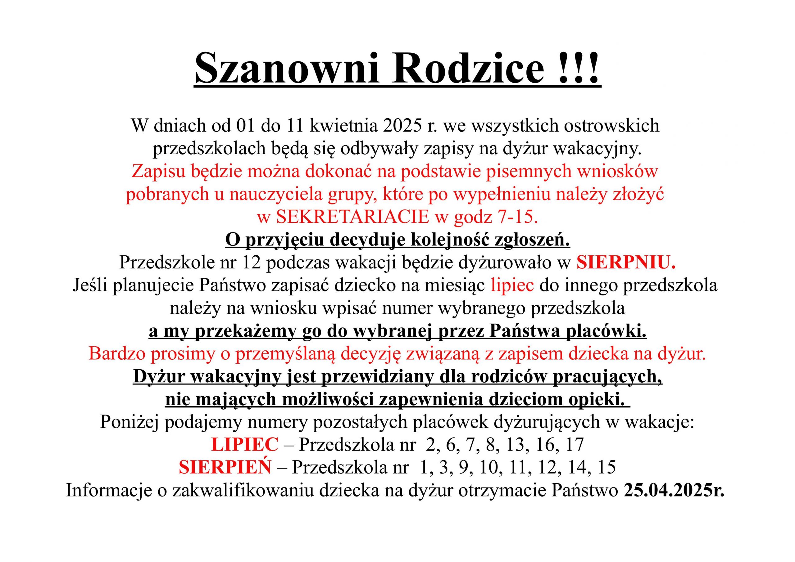 Ogłoszenie informujące o możliwości zapisu dzieci do przedszkola na dyżur wakacyjny w dniach 1-11 kwietnia 2025 roku