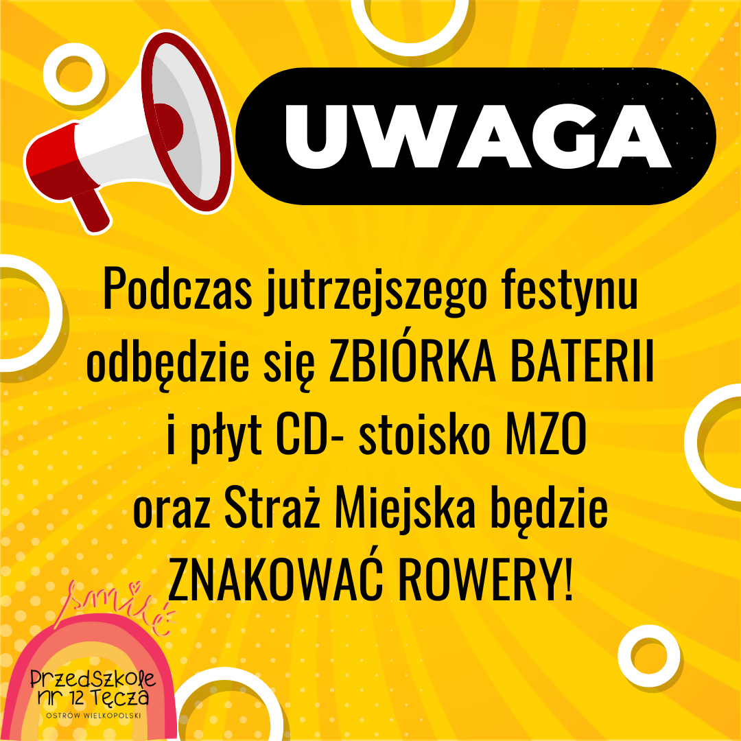 Ogłoszenie informujące o zbiórce baterii i płyt CD podczas festynu w dniu 23 maja 2025 roku