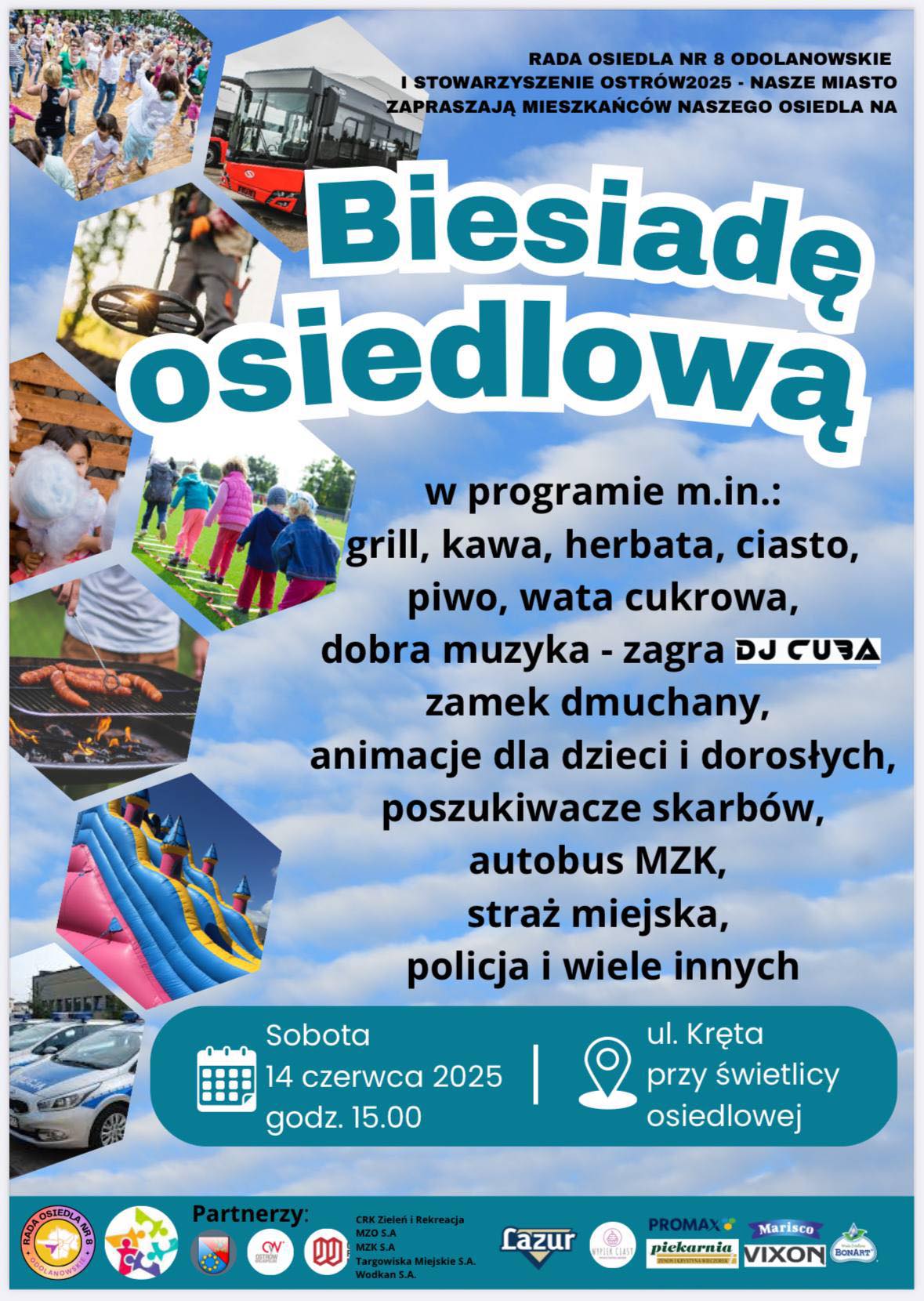 Ogłoszenie informujące o Biesiadzie Osiedlowej, która odbędzie się przy świetlicy osiedlowej na ul. Krętej w sobotę 14 czerwca 2025 roku o godzinie 15.00