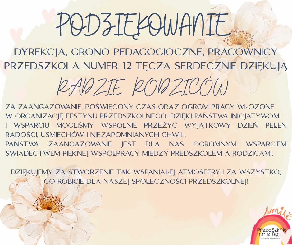 Podziękowanie dla Rady Rodziców za pomoc w organizacji Festynu Rodzinnego.