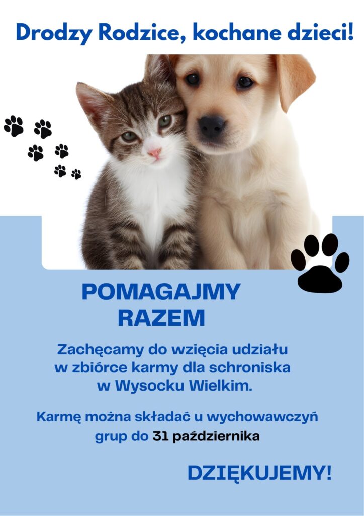 Plakat informujący o zbiórce karmy dla bezdomnych zwierząt