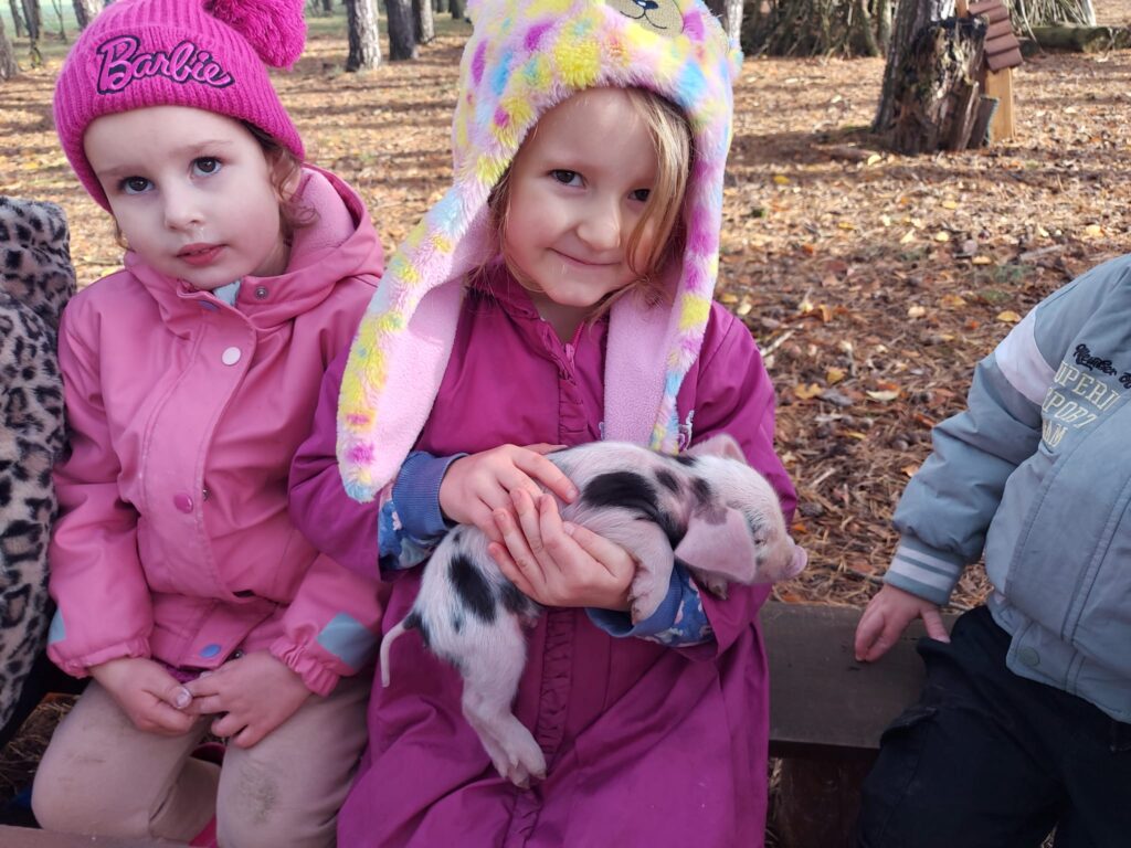 dziewczynki siedzą na ławeczce, dziewczynka z białą czapką w kolorowe kropki trzyma w rękach małego prosiaczka