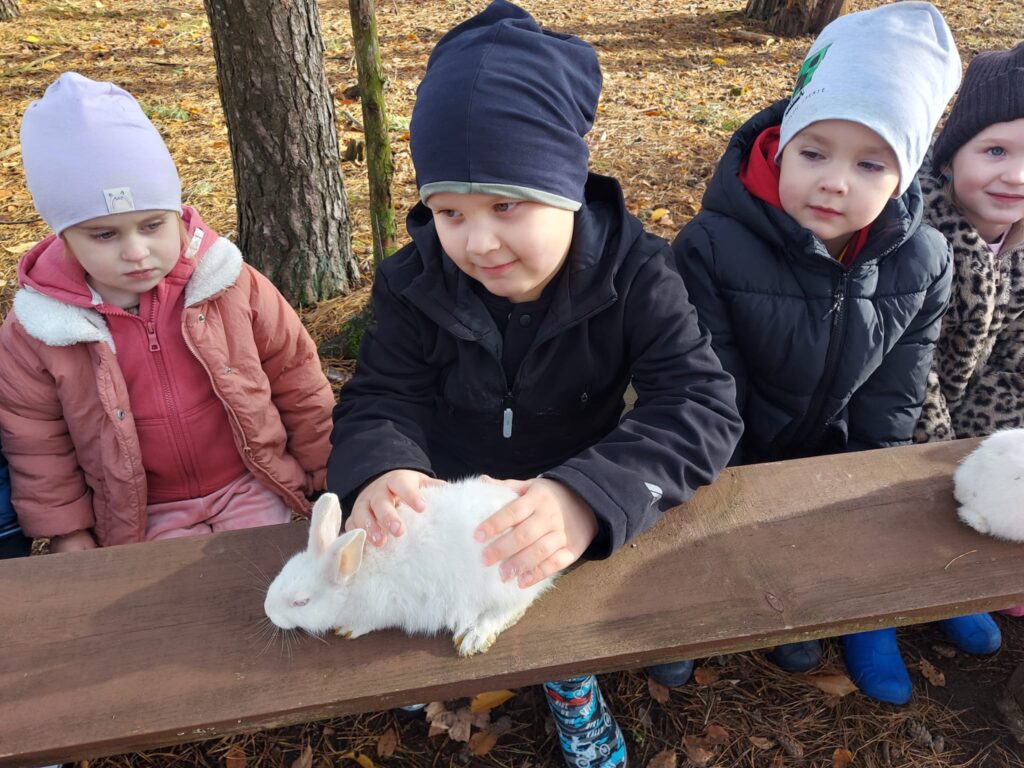 dzieci siedzą na ławeczce, chłopiec trzyma małego białego króliczka
