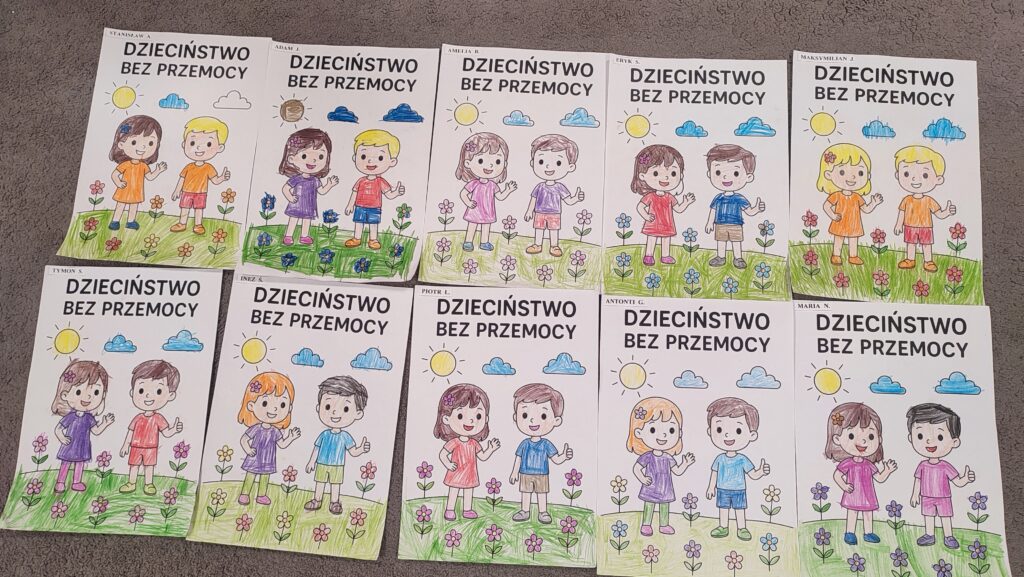 Seria kolorowych obrazków pokolorowanych kredkami obrazków. Na obrazku chłopiec i dziewczynka.
