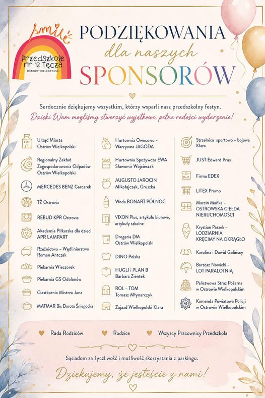 Plakat z podziękowaniem dla sponsorów, którzy wsparli przedszkolny festyn.
